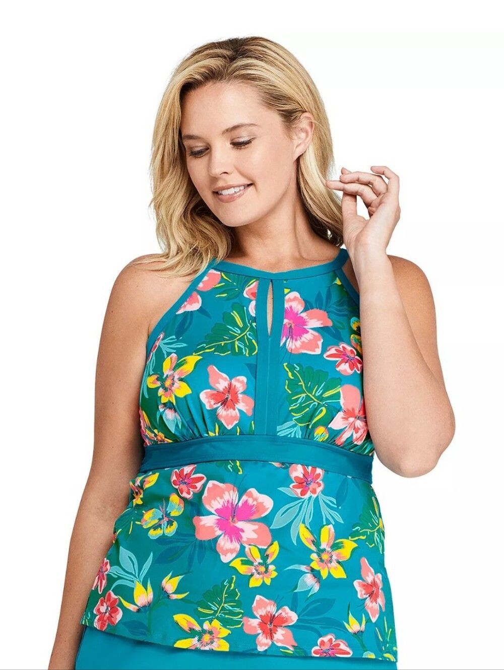 Lands End Plus Size 12 DD High Neck Bust-Minimizer Tankini Top Tropical Floral